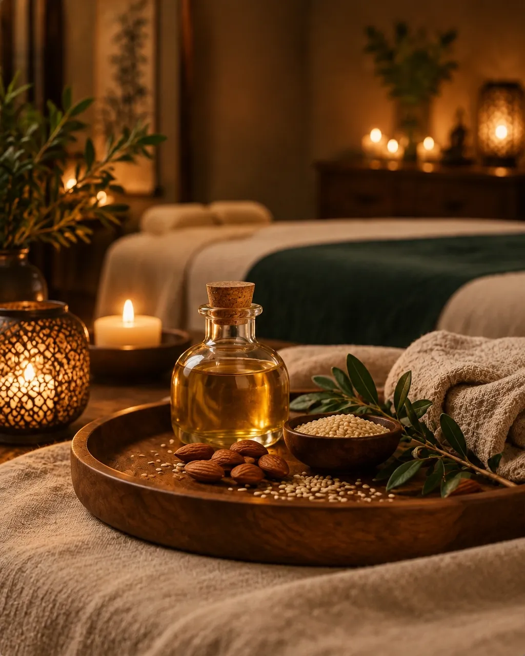 Natural massage oil and almonds on a wooden spa tray